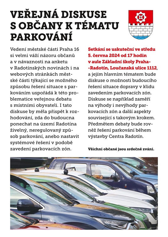 Pozvánka na&nbsp;veřejnou diskuzi s&nbsp;občany k&nbsp;tématu parkování