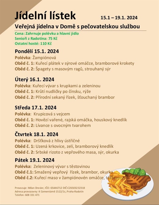 Jídelní menu v domě s pečovatelskou službou od 15. do 19. ledna 2024