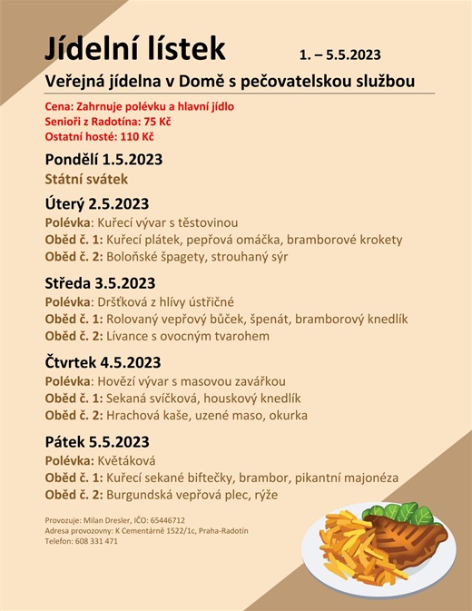 Týdenní menu veřejné jídelny v Domě s pečovatelskou službou, 1. - 5.5.2023