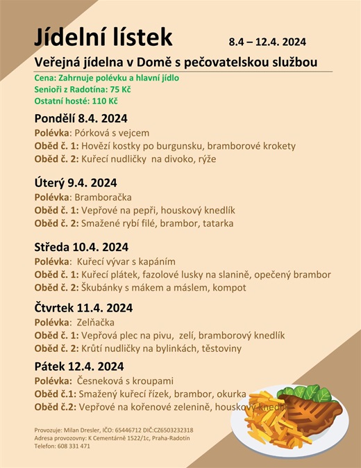 Menu veřejné jídelny v domě s pečovatelskou službou od 8. do 12. dubna 2024