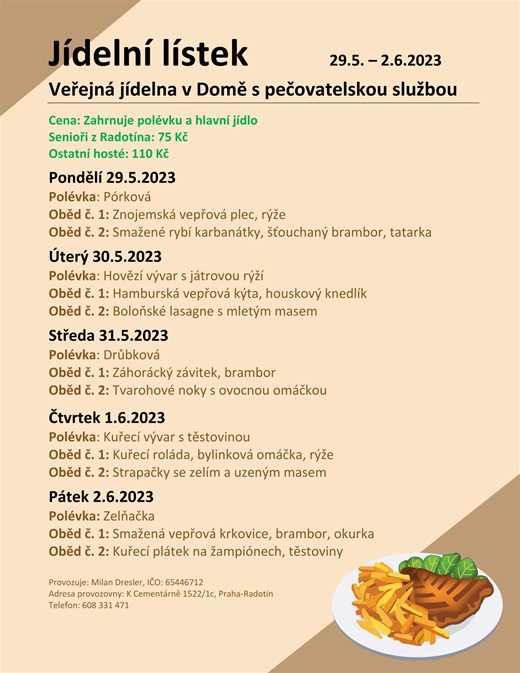 Jídelní menu v domě s pečovatelskou službou, od 29.5. do 2.6.2023