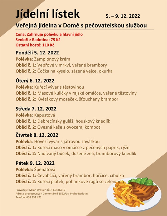 Jídelní menu v domě s pečovatelskou službou, 5. - 9.12.2022