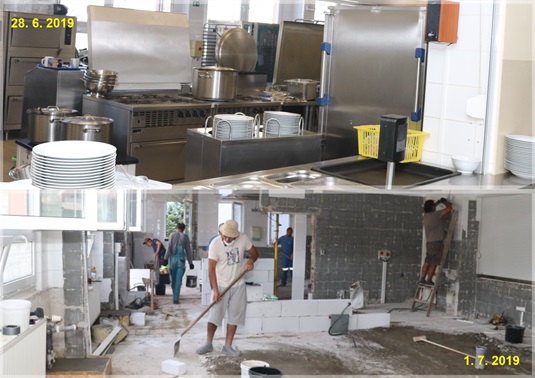 Jídelna se rekonstruuje. Stav kuchyně poslední školní den 28.6.2019 v porovnání s 1.7.2019.
