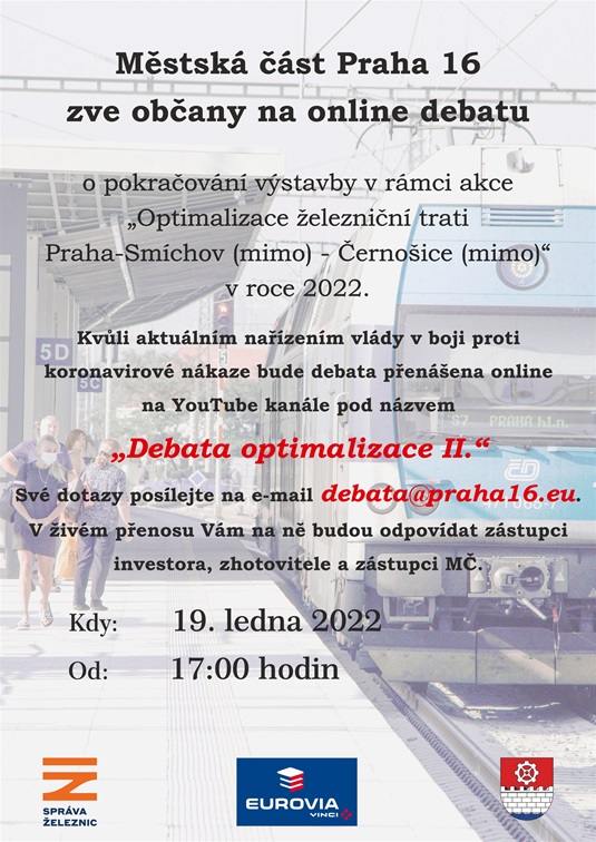 Pozvánka na online debatu o pokračování výstavby v rámci akce „Optimalizace železnice Praha-Smíchov (mimo - Černošice (mimo)“ v roce 2022.