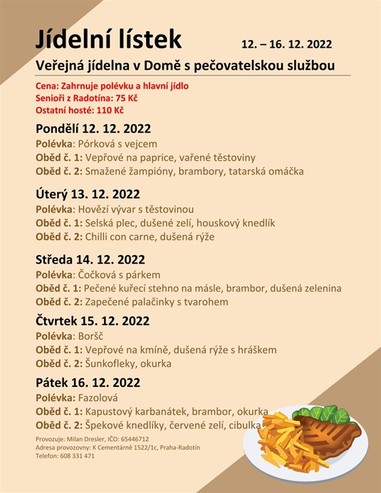 Jídelní lístek veřejné jídelny v domě s pečovatelskou službou, 12. - 16.12.2022