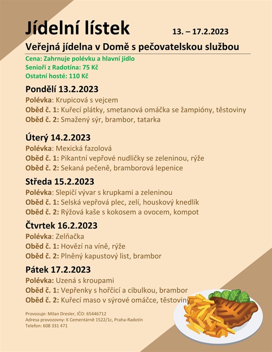 Menu veřejné jídelny v domě s pečovatelskou službou, 13.-17.2.2023