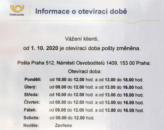 Česká pošta mění od 1. října 2020 otevírací hodiny pro veřejnost