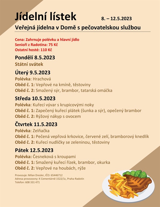 Jídelní menu v domě s pečovatelskou službou, od 8. - 12.5.2023