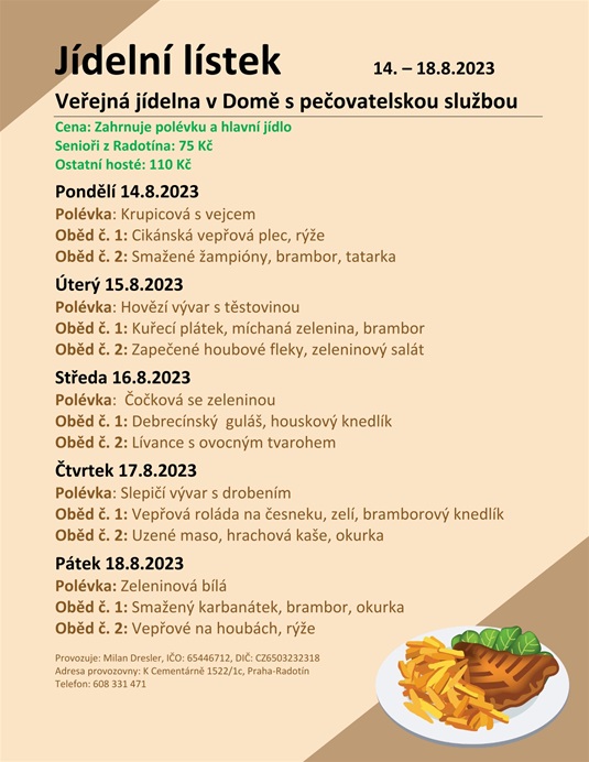 Jídelní menu v domě s pečovatelskou službou, od 14. do 18.8.2023