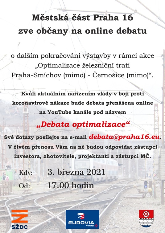 Pozvánka na online debatu o pokračování výstavby optimalizace železnice, 3.3.2021 od 17 hodin