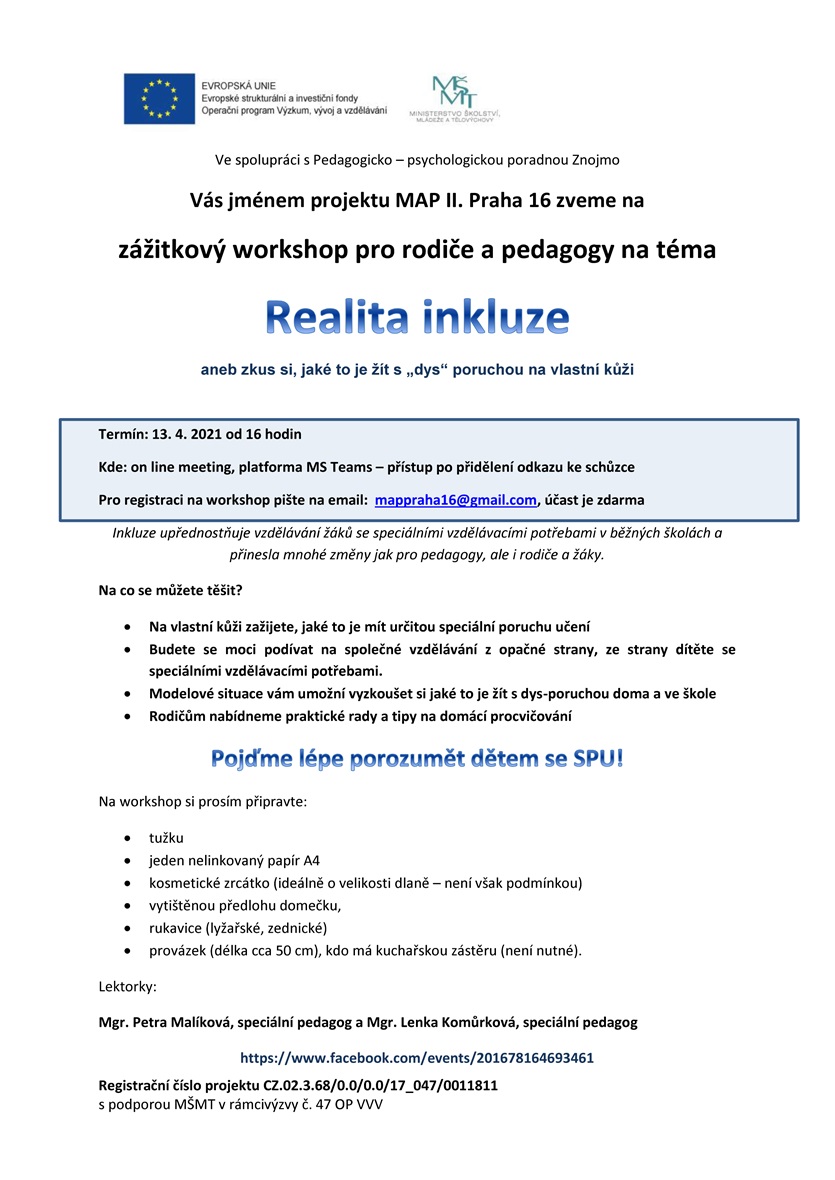 Pozvánka na on-line workshop Realita inkluze, 13.4.2021