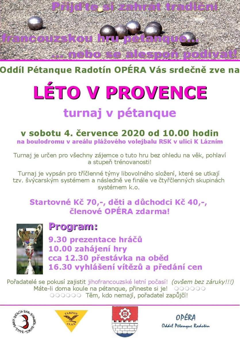 Pozvánka na turnaj v pétanque, který se uskuteční 4. července pod názvem Léto v Provence